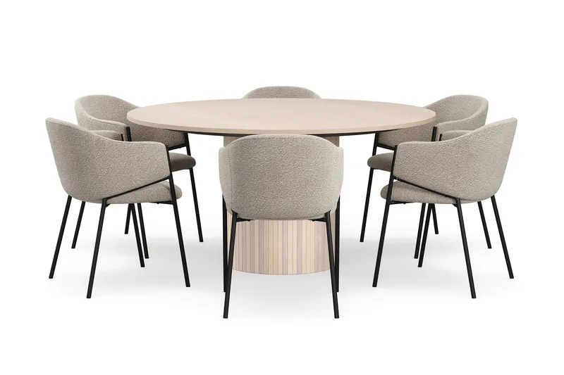 Kopparbo Pyöreä Ruokapöytä 150 cm 6 Filip Ruokatuolilla - Valkoinen / Taupe Bouclé - Huonekalut - Pöytä & ruokailuryhmä - Ruokailuryhmä