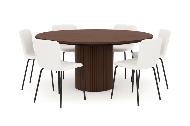 Kopparbo Pyöreä Ruokapöytä 180 cm 6 Katy Ruokatuolilla, Pähkinä / Valkoinen Bouclé / Metallijalat Musta