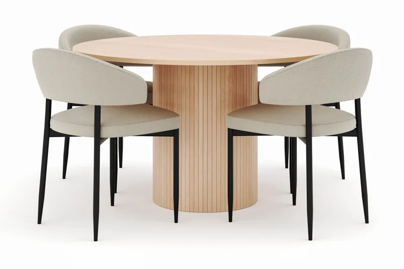 Kopparbo Pyöreä Ruokapöytä 130 cm ja 4 Sawako Tuolia - Beige - Huonekalut - Pöytä & ruokailuryhmä - Ruokailuryhmä