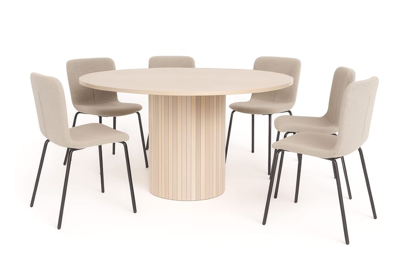 Kopparbo Pyöreä Ruokapöytä 150 cm 6 Katy Ruokatuolilla, Valkoinen / Greige Bouclé / Metallijalat Musta