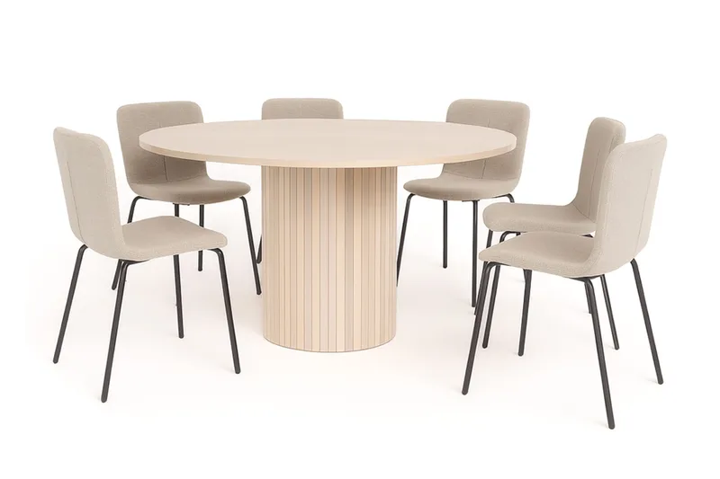 Kopparbo Pyöreä Ruokapöytä 150 cm 6 Katy Ruokatuolilla, Valkoinen / Greige Bouclé / Metallijalat Musta