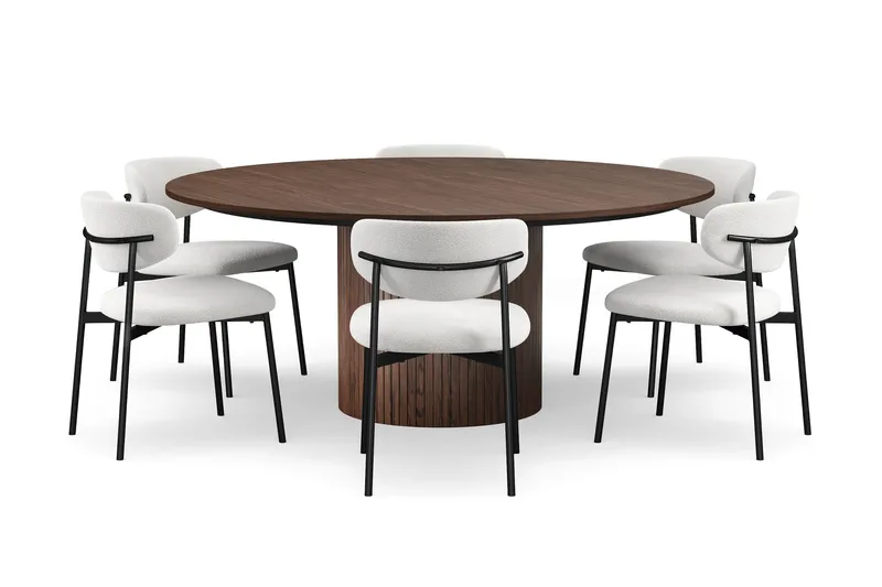 Kopparbo Pyöreä Ruokapöytä 180 cm 6 Lucy Ruokatuolilla, Pähkinä / Valkoinen Bouclé / Metallijalat Musta