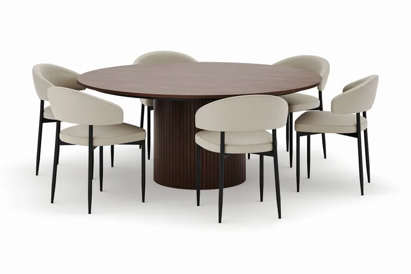 Kopparbo Pyöreä Ruokapöytä 180 cm ja 6 Sawako Tuolia, Pähkinä