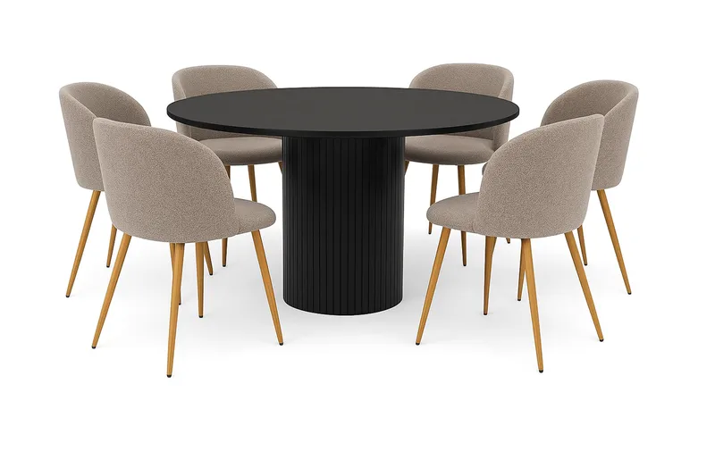 Kopparbo Pyöreä Ruokapöytä 130 cm 6 Greya Ruokatuolia käsinojilla, Mustapuu / Greige Bouclé / Metallijalat Tammi