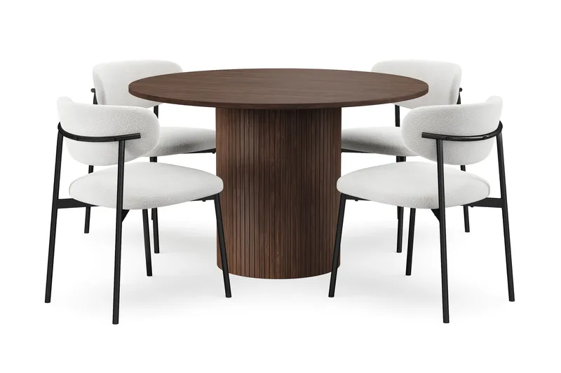Kopparbo Pyöreä Ruokapöytä 120 cm 4 Lucy Ruokatuolilla, Tummanruskea / Valkoinen Bouclé / Metallijalat Musta