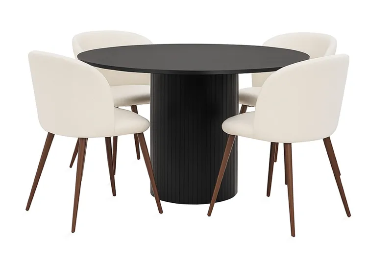 Kopparbo Pyöreä Ruokapöytä 130 cm 4 Greya Ruokatuolia käsinojilla, Mustapuu / Valkoinen Bouclé / Metallijalat Pähkinä