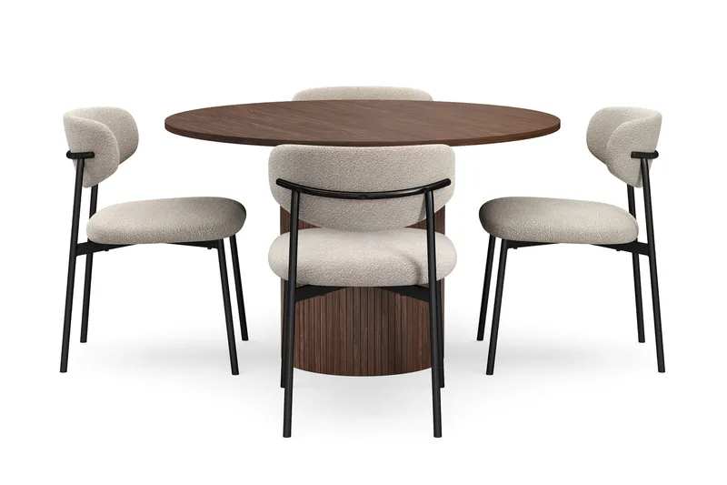 Kopparbo Pyöreä Ruokapöytä 120 cm 4 Lucy Ruokatuolilla - Tummanruskea / Greige Bouclé / Metallijalat Musta - Huonekalut - Pöytä & ruokailuryhmä - Ruokailuryhmä