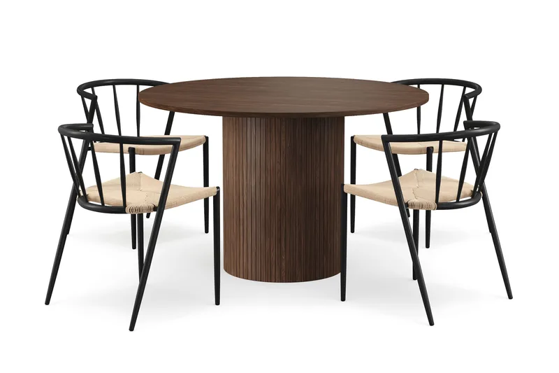 Kopparbo Pyöreä Ruokapöytä 120 cm 4 Winston Ruokatuolilla, Tummanruskea / Beige / Metallijalat Musta