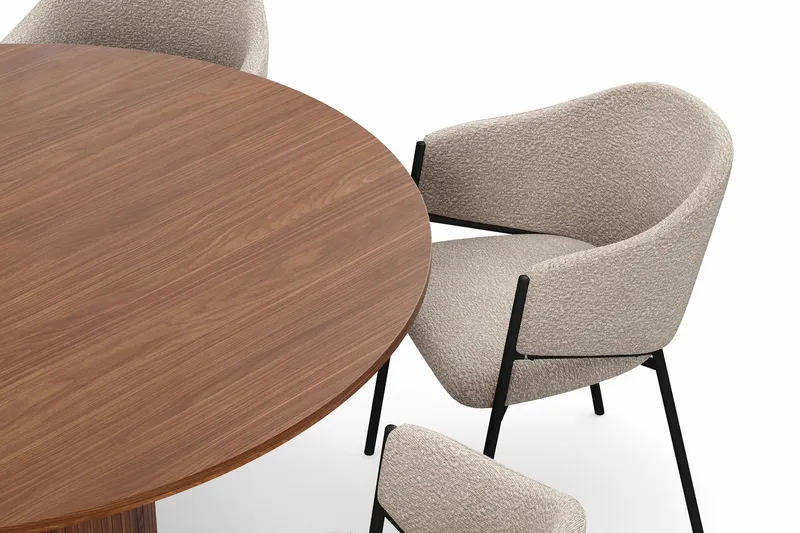 Kopparbo Pyöreä Ruokapöytä 150 cm 6 Filip Ruokatuolilla - Pähkinä / Taupe Bouclé - Huonekalut - Pöytä & ruokailuryhmä - Ruokailuryhmä