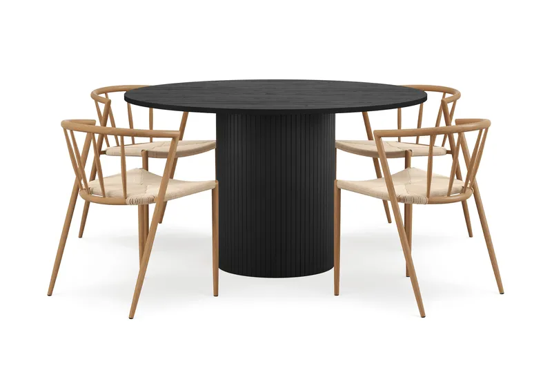 Kopparbo Pyöreä Ruokapöytä 130 cm 4 Winston Ruokatuolilla, Mustapuu / Beige / Metallijalat Tammi