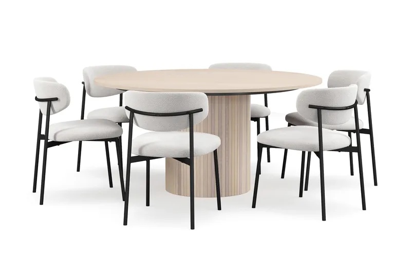 Kopparbo Pyöreä Ruokapöytä 150 cm 6 Lucy Ruokatuolilla - Valkoinen / Valkoinen Bouclé / Metallijalat Musta - Huonekalut - Pöytä & ruokailuryhmä - Ruokailuryhmä