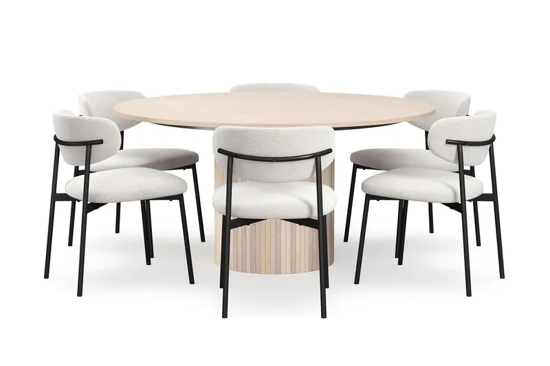 Kopparbo Pyöreä Ruokapöytä 150 cm 6 Lucy Ruokatuolilla, Valkoinen / Valkoinen Bouclé / Metallijalat Musta