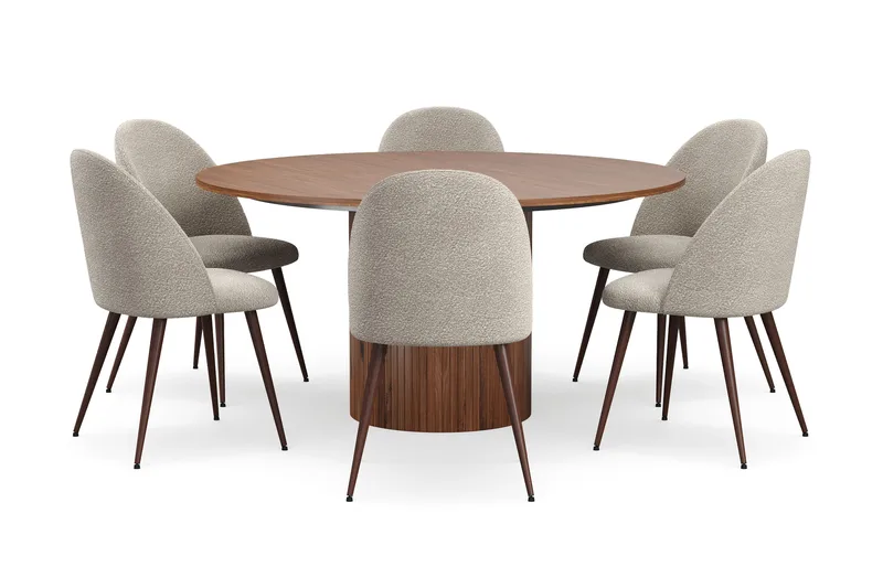 Kopparbo Pyöreä Ruokapöytä 150 cm 6 Nibe Plus Ruokatuolilla - Pähkinä / Greige Bouclé / Metallijalat Pähkinä - Huonekalut - Pöytä & ruokailuryhmä - Ruokailuryhmä
