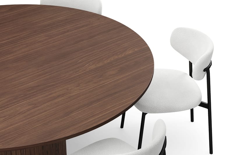 Kopparbo Pyöreä Ruokapöytä 180 cm 6 Lucy Ruokatuolilla - Pähkinä / Valkoinen Bouclé / Metallijalat Musta - Huonekalut - Pöytä & ruokailuryhmä - Ruokailuryhmä