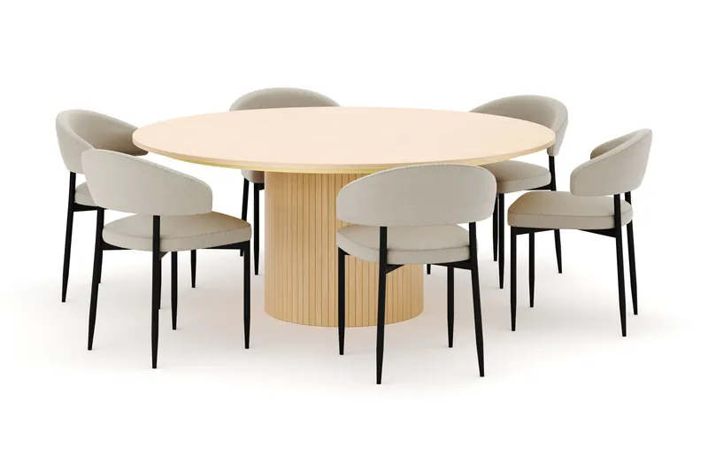 Kopparbo Pyöreä Ruokapöytä 180 cm ja 6 Sawako Tuolia - Valkokuultoinen - Huonekalut - Pöytä & ruokailuryhmä - Ruokailuryhmä