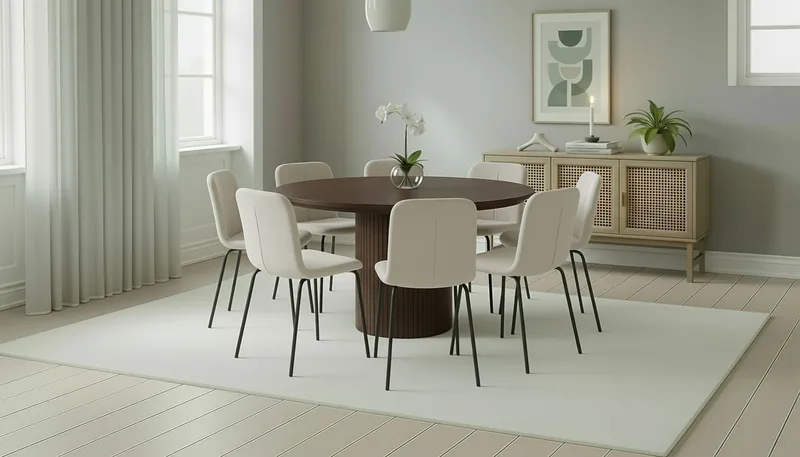 Kopparbo Pyöreä Ruokapöytä 180 cm 8 Katy Ruokatuolilla - Pähkinä / Valkoinen Bouclé / Metallijalat Musta - Huonekalut - Pöytä & ruokailuryhmä - Ruokailuryhmä