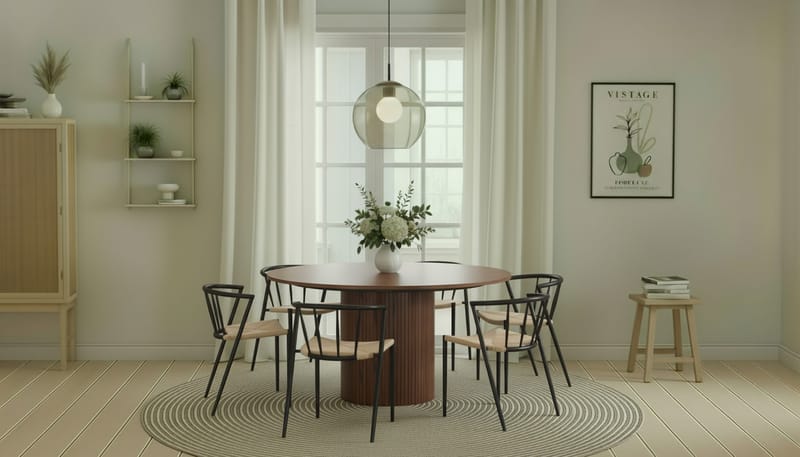 Kopparbo Pyöreä Ruokapöytä 150 cm 6 Winston Ruokatuolilla - Pähkinä / Beige / Metallijalat Musta - Huonekalut - Pöytä & ruokailuryhmä - Ruokailuryhmä