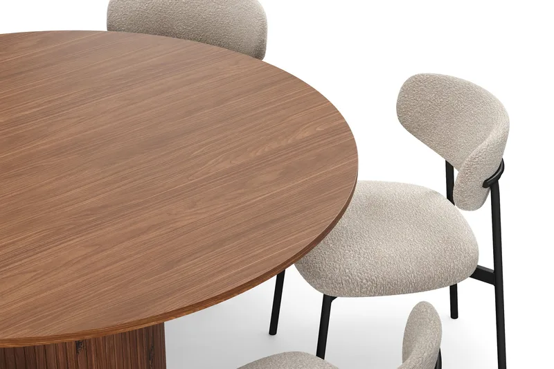 Kopparbo Pyöreä Ruokapöytä 150 cm 6 Lucy Ruokatuolilla - Pähkinä / Greige Bouclé / Metallijalat Musta - Huonekalut - Pöytä & ruokailuryhmä - Ruokailuryhmä