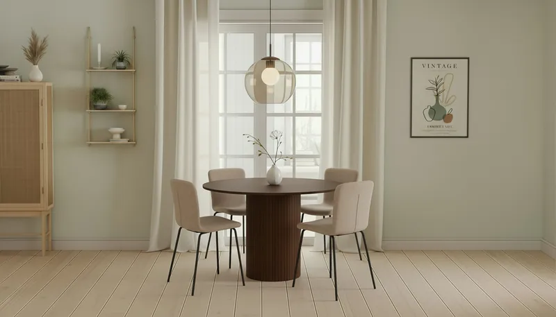 Kopparbo Pyöreä Ruokapöytä 120 cm 4 Katy Ruokatuolilla - Tummanruskea / Greige Bouclé / Metallijalat Musta - Huonekalut - Pöytä & ruokailuryhmä - Ruokailuryhmä