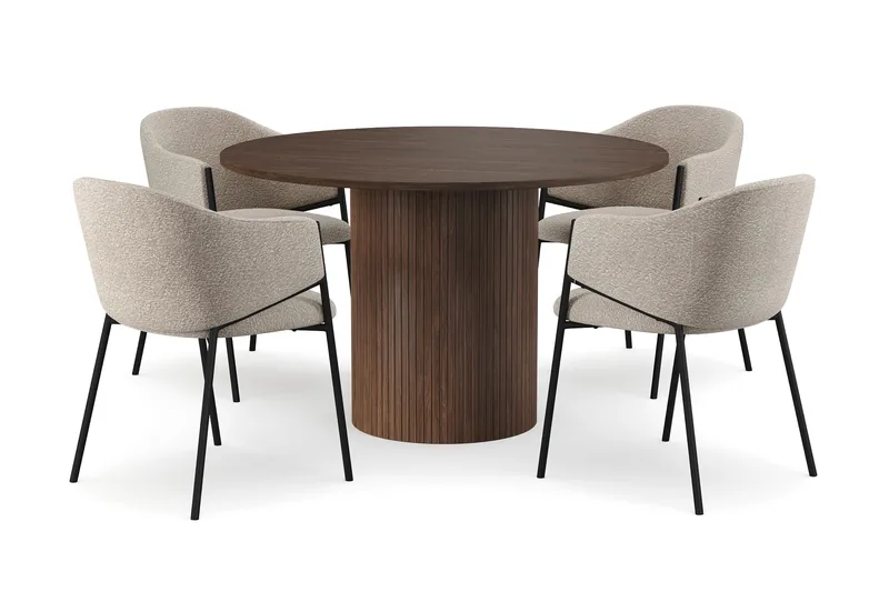 Kopparbo Pyöreä Ruokapöytä 120 cm 4 Filip Ruokatuolilla, Tummanruskea / Taupe Bouclé