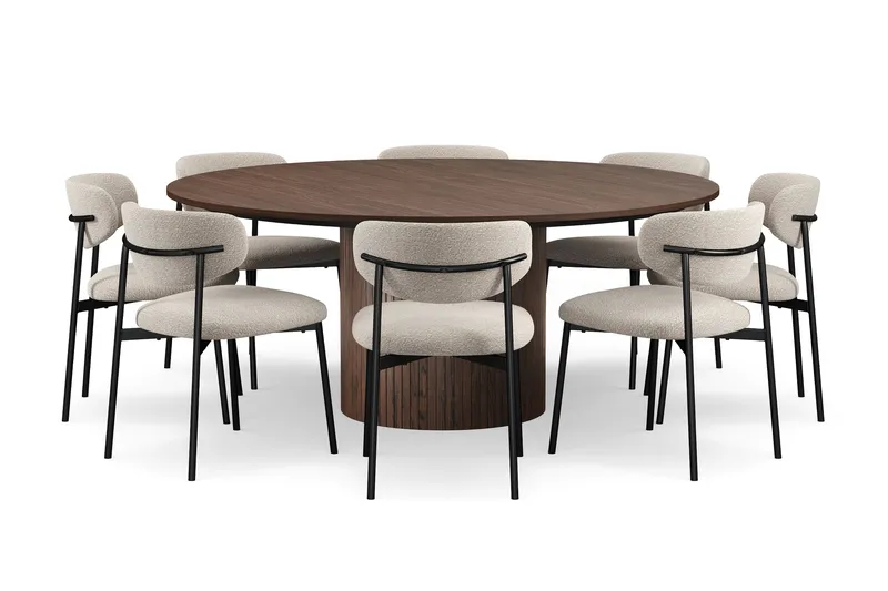 Kopparbo Pyöreä Ruokapöytä 180 cm 8 Lucy Ruokatuolilla, Pähkinä / Valkoinen Bouclé / Metallijalat Musta