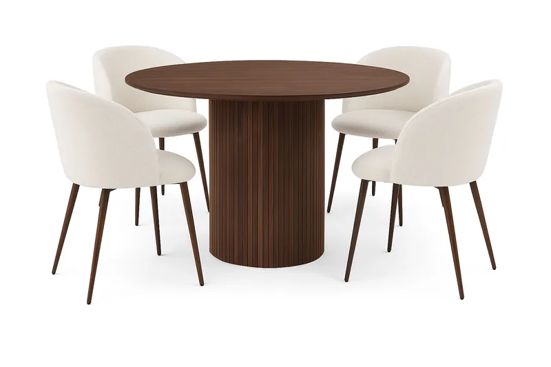 Kopparbo Pyöreä Ruokapöytä 120 cm 4 Greya Ruokatuolia käsinojilla, Tummanruskea / Valkoinen Bouclé / Metallijalat Pähkinä