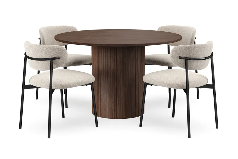 Kopparbo Pyöreä Ruokapöytä 120 cm 4 Lucy Ruokatuolilla, Tummanruskea / Greige Bouclé / Metallijalat Musta