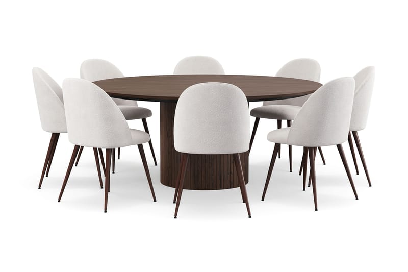 Kopparbo Pyöreä Ruokapöytä 180 cm 8 Nibe Plus Ruokatuolilla, Pähkinä / Valkoinen Bouclé / Metallijalat Pähkinä