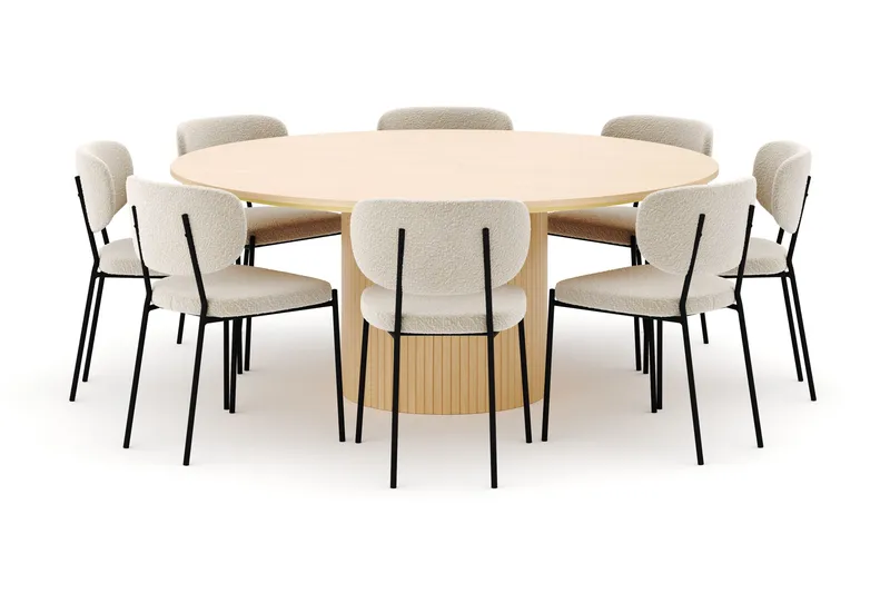 Kopparbo Pyöreä Ruokapöytä 180 cm ja 8 Gemmiano Tuolia - Valkokuultoinen - Huonekalut - Pöytä & ruokailuryhmä - Ruokailuryhmä