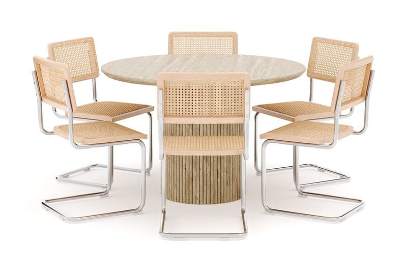 Kopparbo Pyöreä Ruokapöytä 130 cm Travertiinin näköinen ja 6 kpl Build Tuolia - Beige - Huonekalut - Pöytä & ruokailuryhmä - Ruokailuryhmä