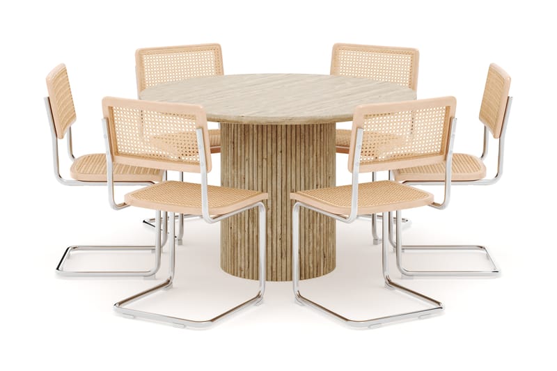 Kopparbo Pyöreä Ruokapöytä 130 cm Travertiinin näköinen ja 6 kpl Build Tuolia - Beige - Huonekalut - Pöytä & ruokailuryhmä - Ruokailuryhmä