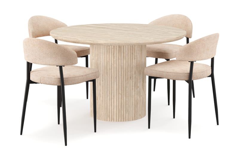 Kopparbo Pyöreä Ruokapöytä 130 cm Travertiinin näköinen ja 4 kpl Jairam Tuolia - Beige - Huonekalut - Pöytä & ruokailuryhmä - Ruokailuryhmä