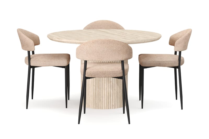 Kopparbo Pyöreä Ruokapöytä 130 cm Travertiinin näköinen ja 4 kpl Jairam Tuolia - Beige - Huonekalut - Pöytä & ruokailuryhmä - Ruokailuryhmä