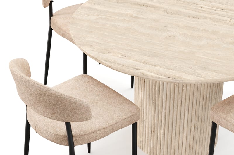 Kopparbo Pyöreä Ruokapöytä 130 cm Travertiinin näköinen ja 4 kpl Jairam Tuolia - Beige - Huonekalut - Pöytä & ruokailuryhmä - Ruokailuryhmä