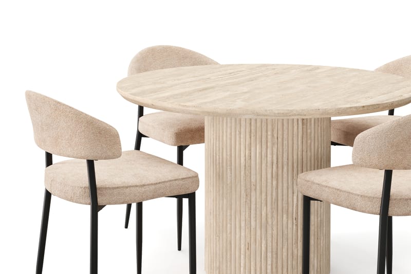 Kopparbo Pyöreä Ruokapöytä 130 cm Travertiinin näköinen ja 4 kpl Jairam Tuolia - Beige - Huonekalut - Pöytä & ruokailuryhmä - Ruokailuryhmä