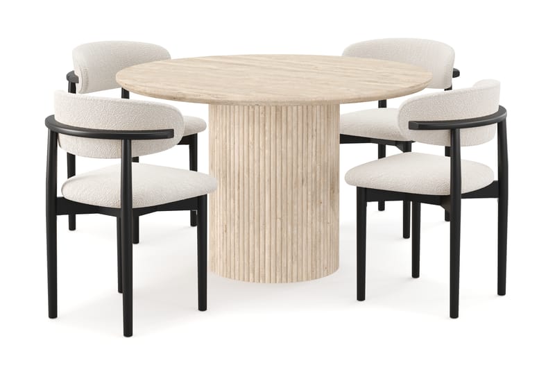 Kopparbo Pyöreä Ruokapöytä 130cm Travertiinin näköinen ja 4 kpl Jaiveer Matkplolar - Beige - Huonekalut - Pöytä & ruokailuryhmä - Ruokailuryhmä