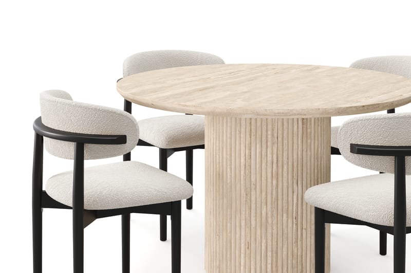 Kopparbo Pyöreä Ruokapöytä 130cm Travertiinin näköinen ja 4 kpl Jaiveer Matkplolar - Beige - Huonekalut - Pöytä & ruokailuryhmä - Ruokailuryhmä