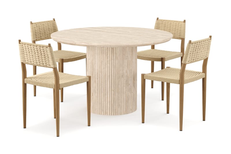 Kopparbo Pyöreä Ruokapöytä 130 cm Travertiinin näköinen ja 4 kpl Jamna Tuolia - Beige - Huonekalut - Pöytä & ruokailuryhmä - Ruokailuryhmä