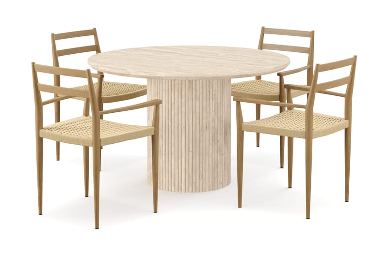 Kopparbo Pyöreä Ruokapöytä 130cm Travertiinin näköinen ja 4 kpl Jamna Karmkplolar - Beige - Huonekalut - Pöytä & ruokailuryhmä - Ruokailuryhmä