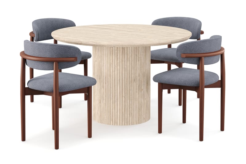 Kopparbo Pyöreä Ruokapöytä 130cm Travertiinin näköinen ja 4 kpl Jaiveer Matkplolar - Beige - Huonekalut - Pöytä & ruokailuryhmä - Ruokailuryhmä