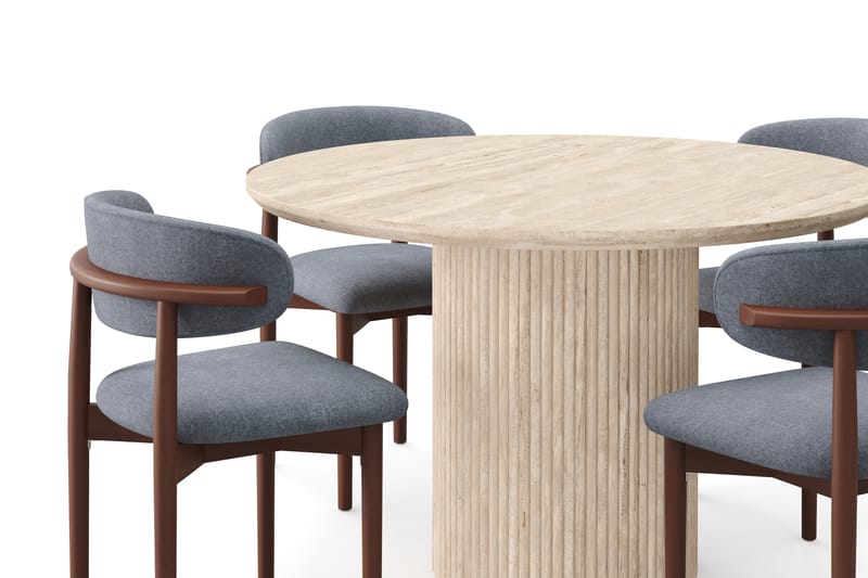Kopparbo Pyöreä Ruokapöytä 130cm Travertiinin näköinen ja 4 kpl Jaiveer Matkplolar - Beige - Huonekalut - Pöytä & ruokailuryhmä - Ruokailuryhmä