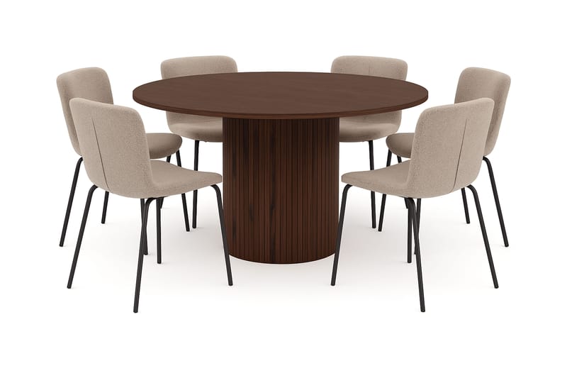 Kopparbo Pyöreä Ruokapöytä 150 cm 6 Katy Ruokatuolilla, Pähkinä / Greige Bouclé / Metallijalat Musta