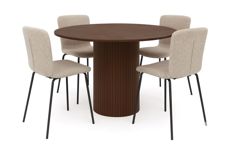 Kopparbo Pyöreä Ruokapöytä 120 cm 6 hengelle 4 Katy Ruokatuolilla, Tummanruskea / Greige Bouclé / Metallijalat Musta