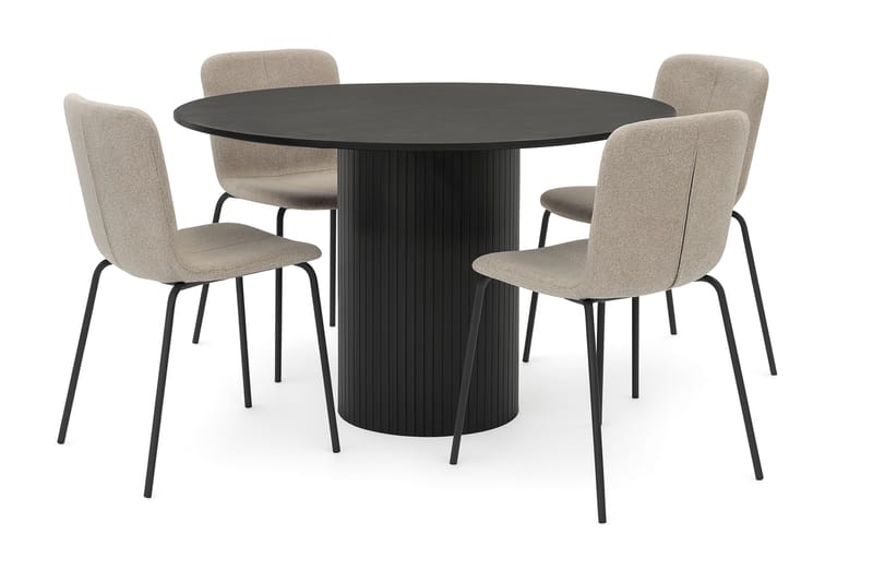 Kopparbo Pyöreä Ruokapöytä 130 cm 4 Katy Ruokatuolilla, Mustapuu / Greige Bouclé / Metallijalat Musta