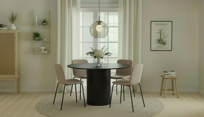 Kopparbo Pyöreä Ruokapöytä 130 cm 4 Katy Ruokatuolilla - Mustapuu / Greige Bouclé / Metallijalat Musta - Huonekalut - Pöytä & ruokailuryhmä - Ruokailuryhmä