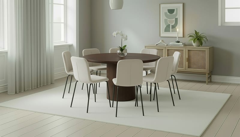 Kopparbo Pyöreä Ruokapöytä 180 cm 8 Katy Ruokatuolilla - Pähkinä / Valkoinen Bouclé / Metallijalat Musta - Huonekalut - Pöytä & ruokailuryhmä - Ruokailuryhmä