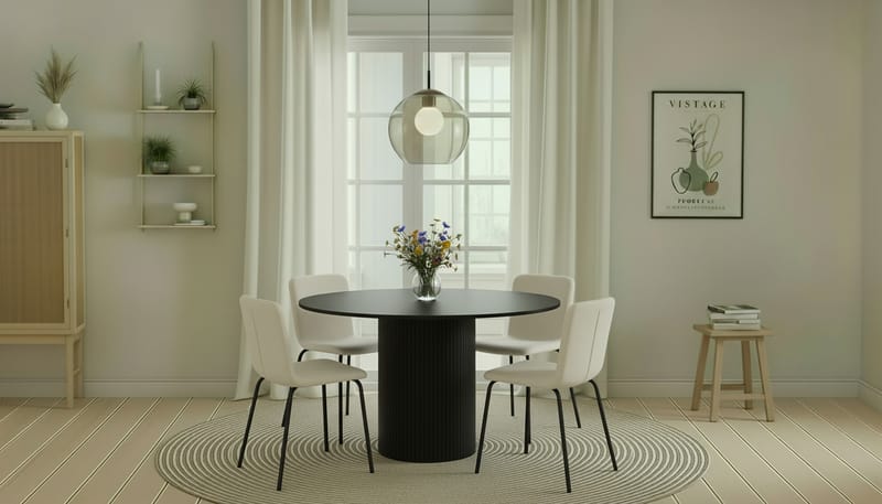 Kopparbo Pyöreä Ruokapöytä 130 cm 4 Katy Ruokatuolilla - Mustapuu / Valkoinen Bouclé / Metallijalat Musta - Huonekalut - Pöytä & ruokailuryhmä - Ruokailuryhmä