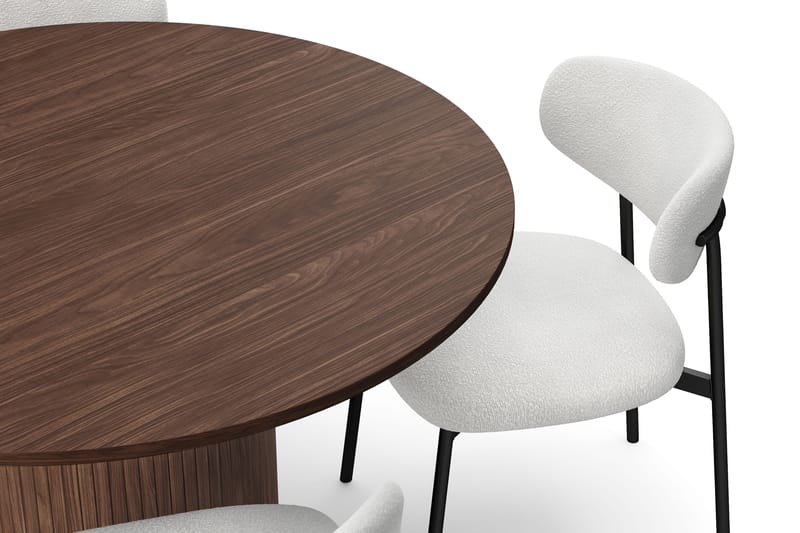 Kopparbo Pyöreä Ruokapöytä 120 cm 6 hengelle 4 Lucy Ruokatuolilla - Tummanruskea / Valkoinen Bouclé / Metallijalat Musta - Huonekalut - Pöytä & ruokailuryhmä - Ruokailuryhmä