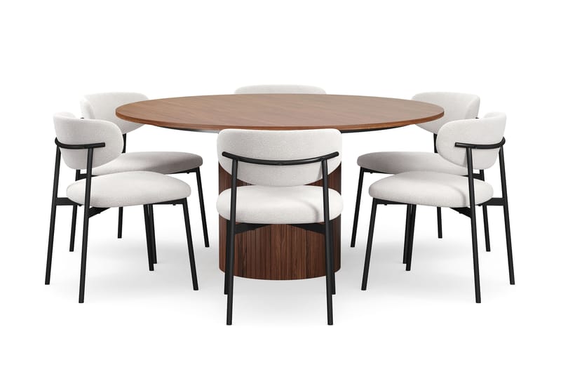 Kopparbo Pyöreä Ruokapöytä 150 cm 6 Lucy Ruokatuolilla, Pähkinä / Valkoinen Bouclé / Metallijalat Musta
