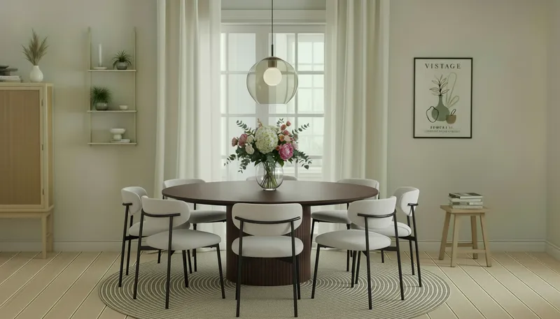 Kopparbo Pyöreä Ruokapöytä 180 cm 8 Lucy Ruokatuolilla - Pähkinä / Greige Bouclé / Metallijalat Musta - Huonekalut - Pöytä & ruokailuryhmä - Ruokailuryhmä